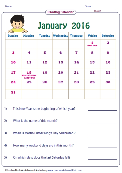 Reading Calendar Worksheets With Word Problems