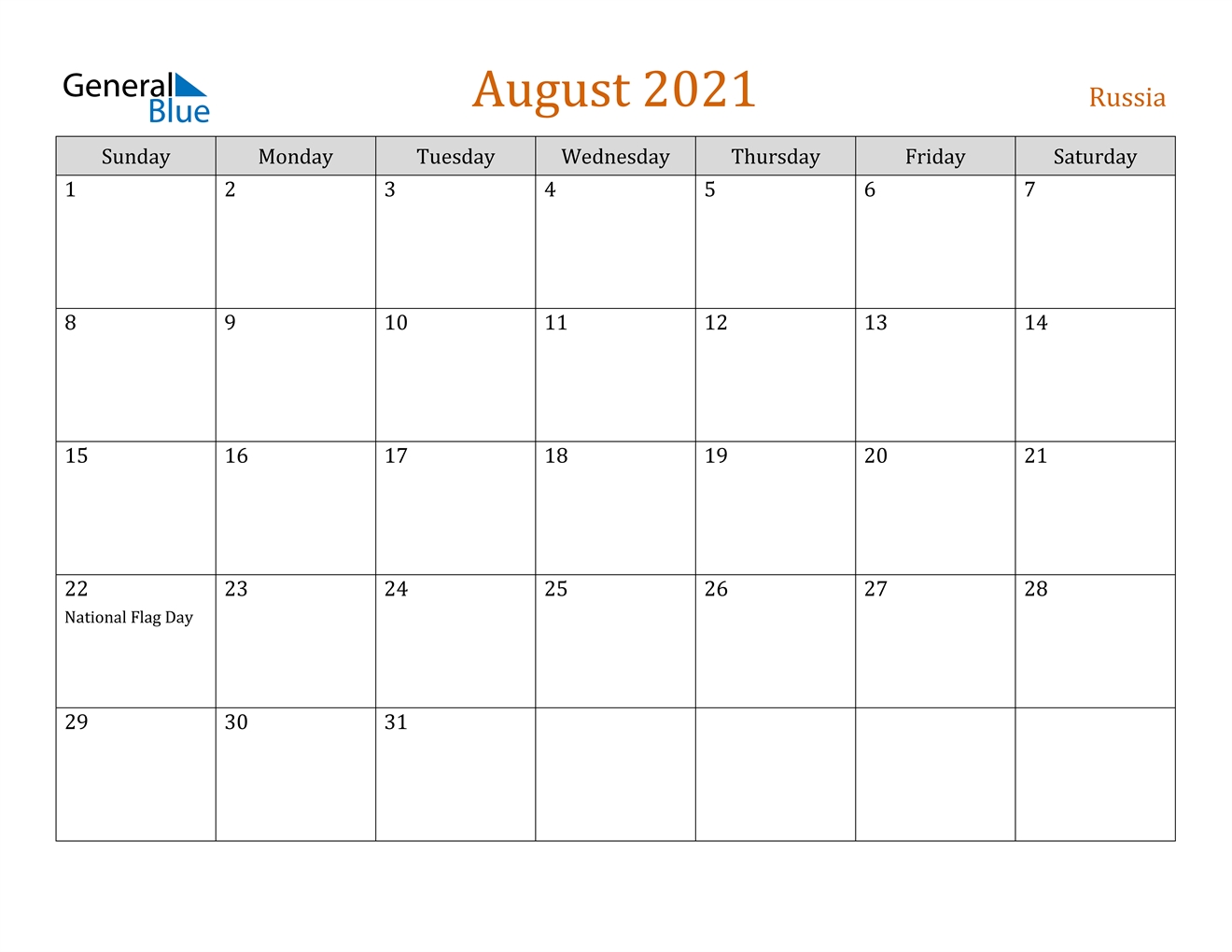 Russia August 2021 Calendar With Holidays