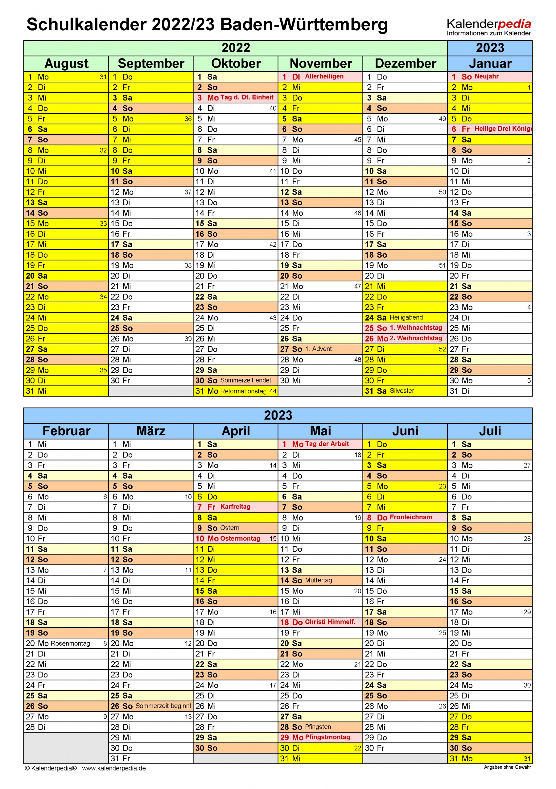 Schulkalender 2022/2023 Baden-Württemberg Für Excel