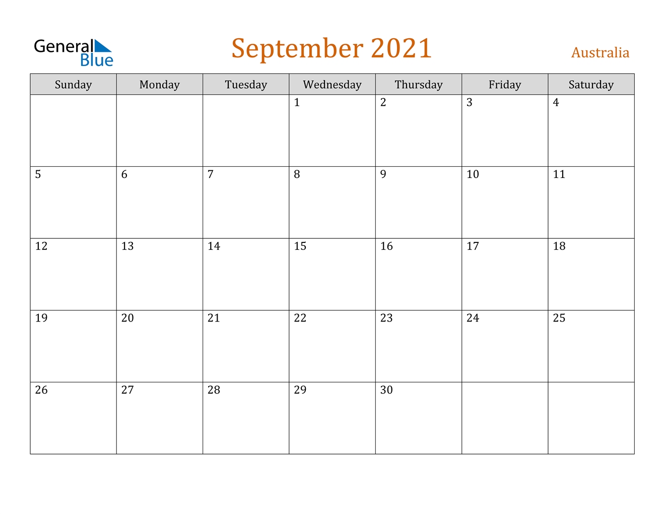 September 2021 Calendar - Australia