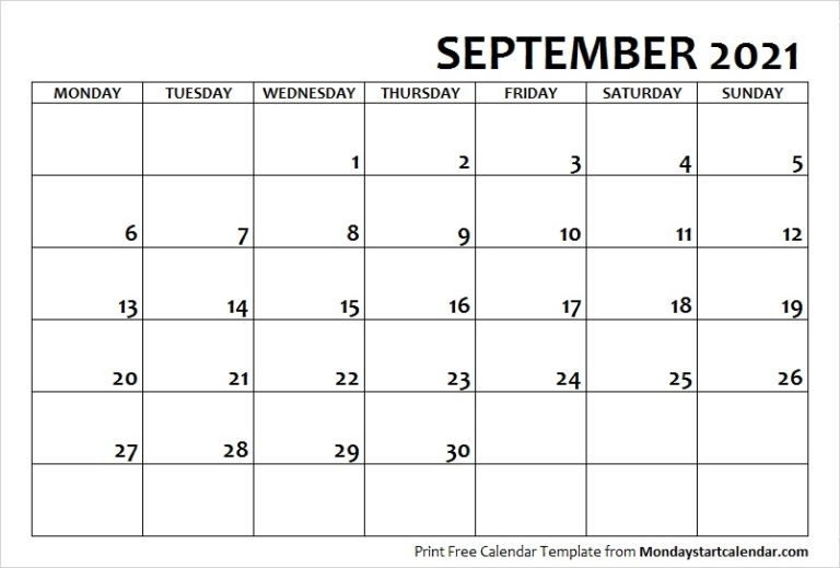 September 2021 Calendar Monday Start | September Month
