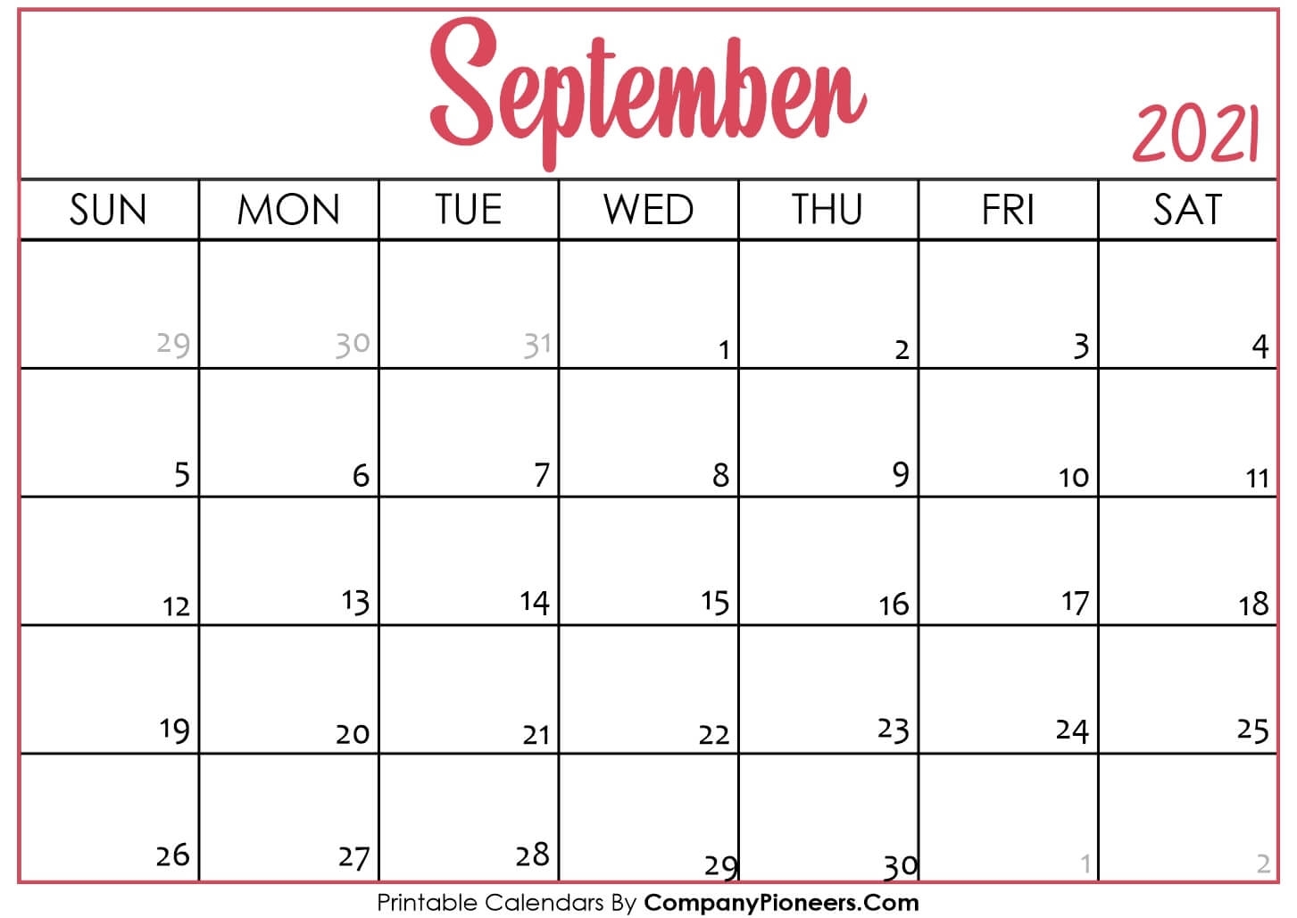 September 2021 Calendar Printable - Printable 2020