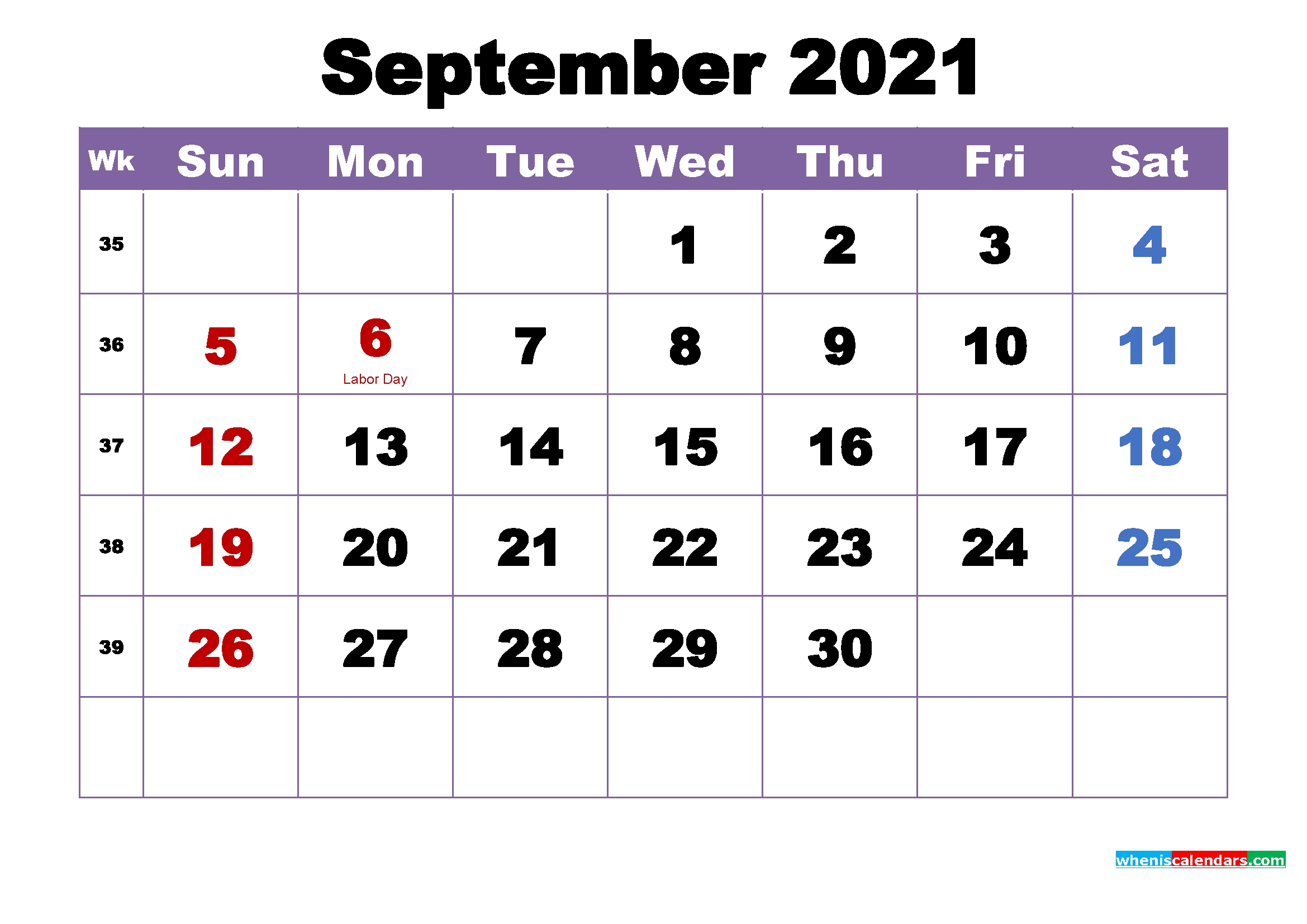 September 2021 Calendar With Holidays Printable