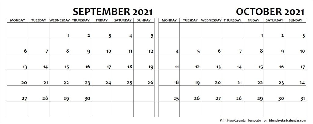 September October 2021 Calendar Monday Start | Two Months