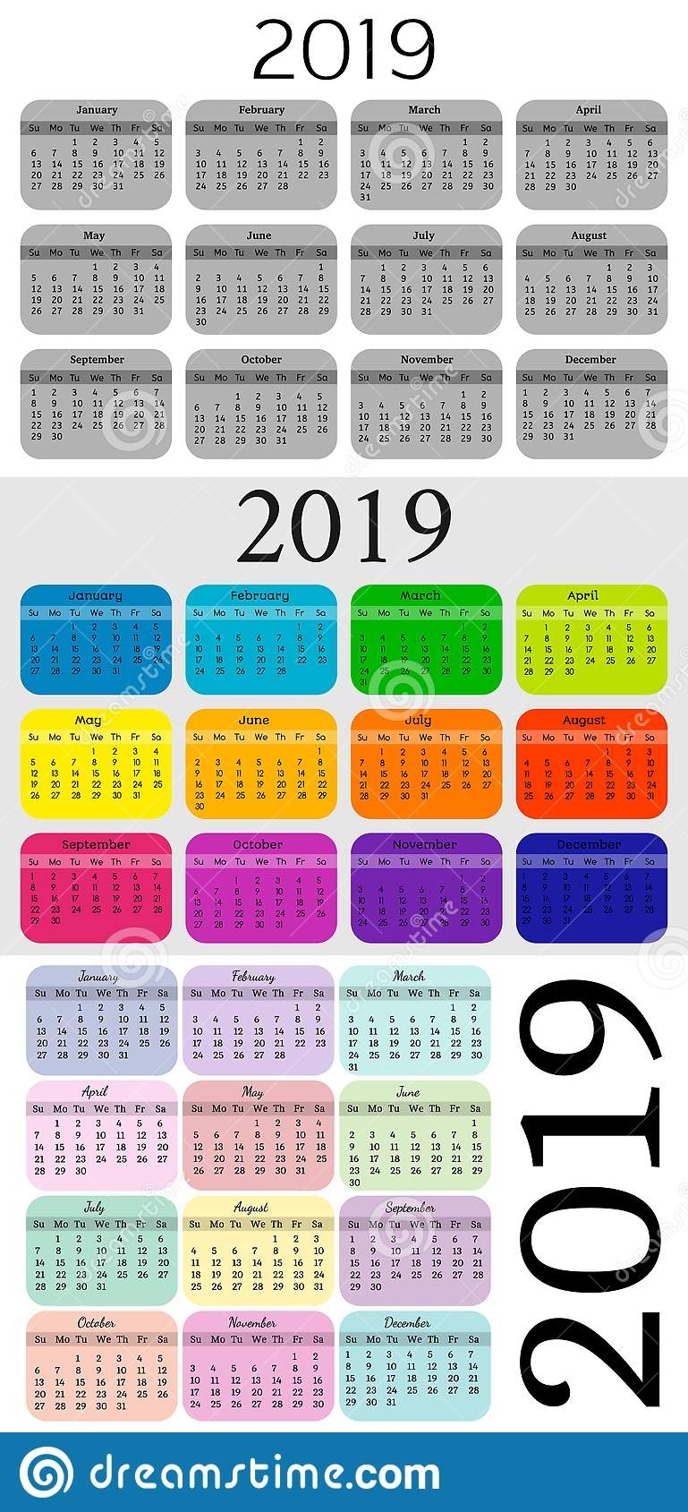 Set Of Three 2019 Sunday To Monday Calendars Stock Vector