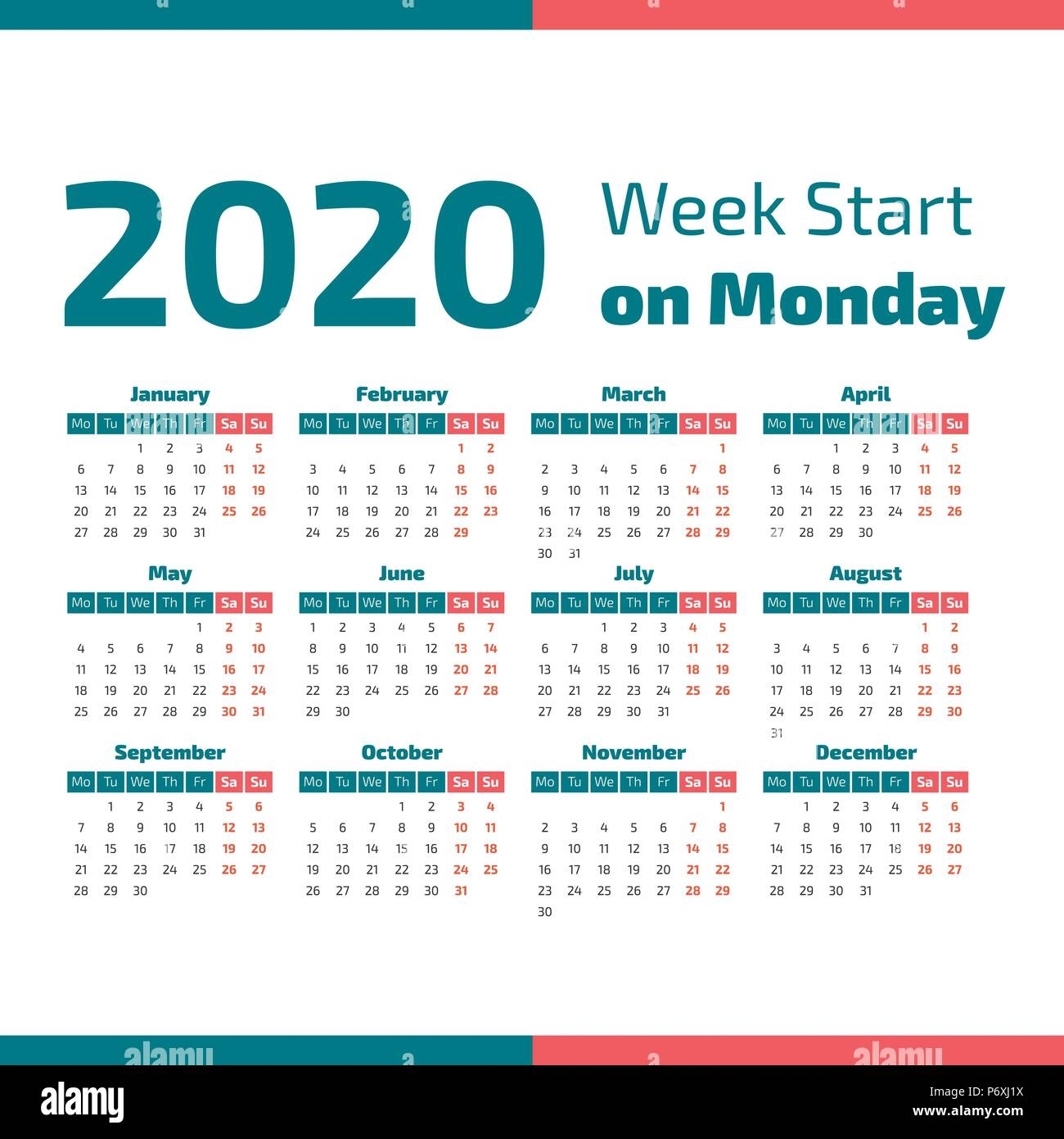 Simple 2020 Year Calendar, Week Starts On Monday Stock