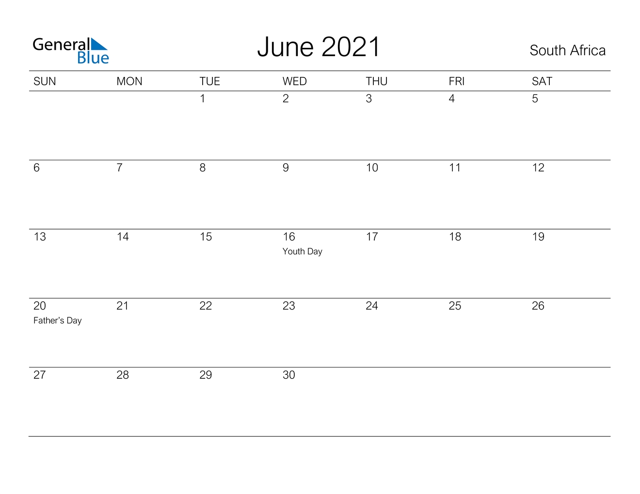 South Africa June 2021 Calendar With Holidays