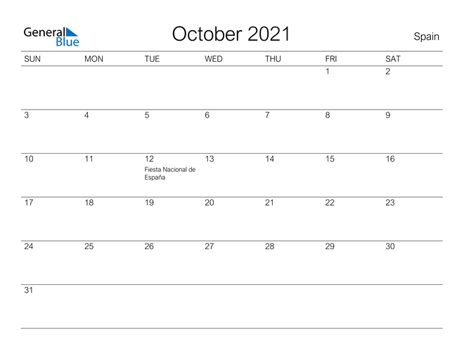 Spain October 2021 Calendar With Holidays