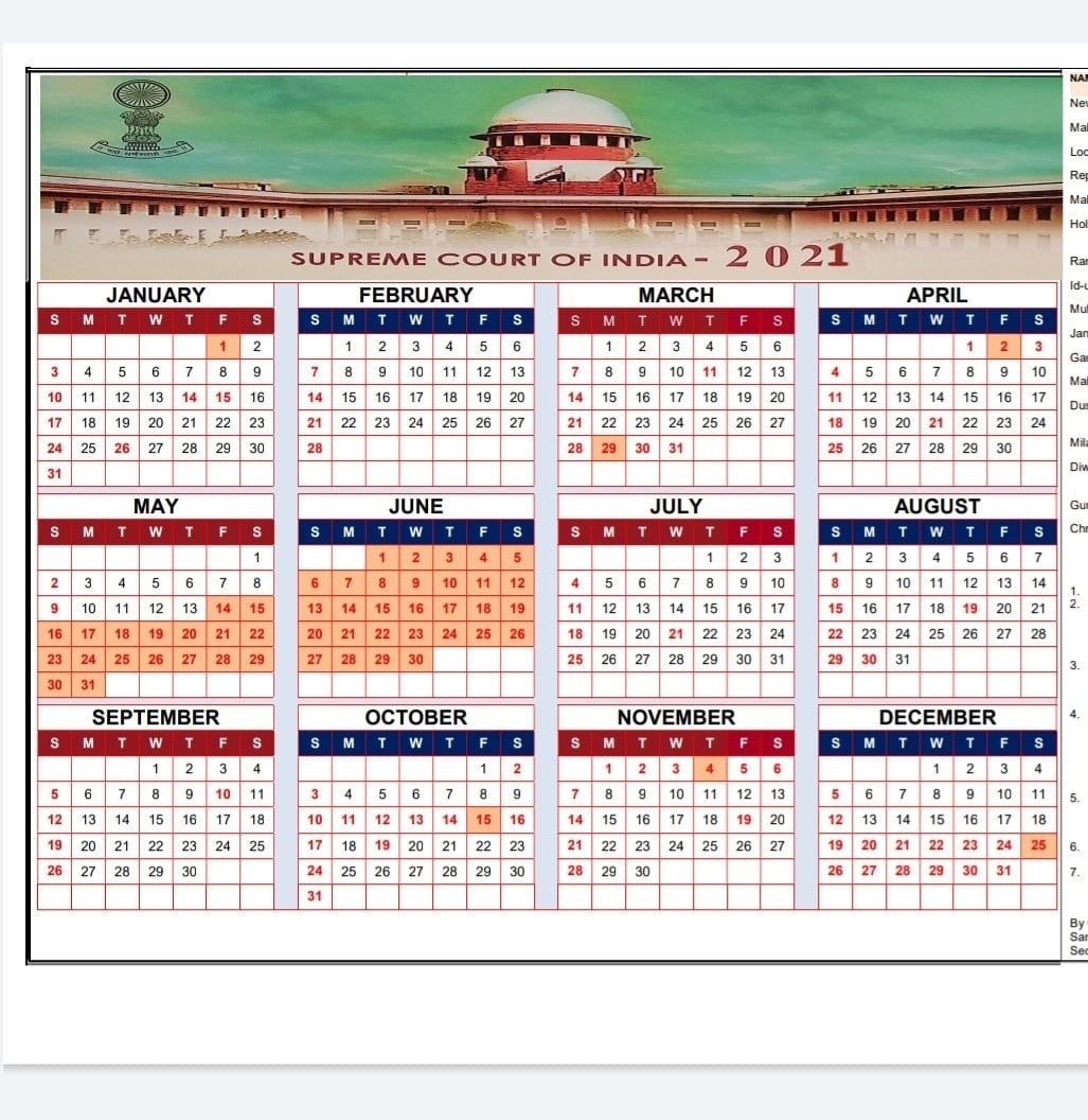 Supreme Court Of India Calendar 2021 | Calendar Apr 2021