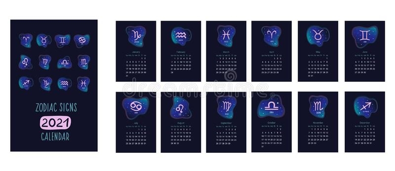 The Calendar. Zodiac Calendar 2021. Vector Illustration Of