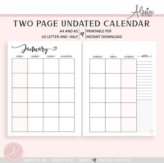 Two Page Undated Monthly Calendar - Printable Pdf