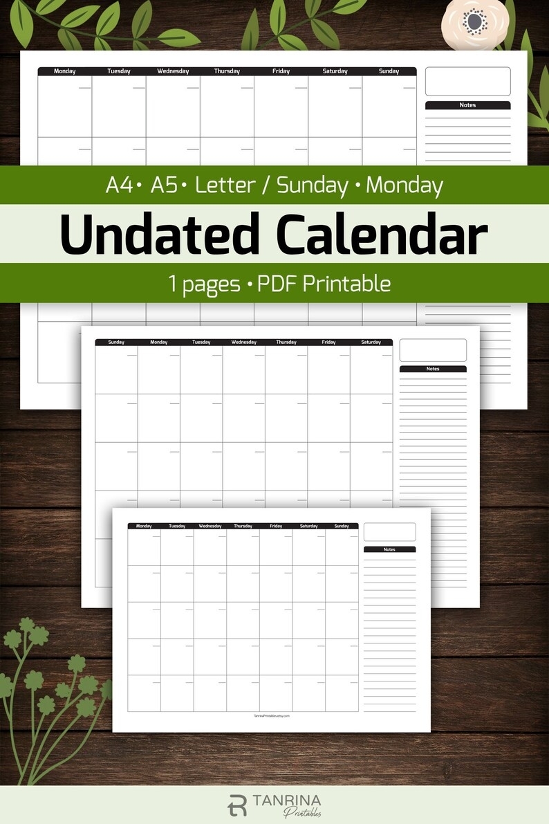 Undated Blank Calendar Printable Monthly Wall Calendar A4