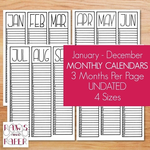 Undated Calendar Printable Month At A Glance Birthday