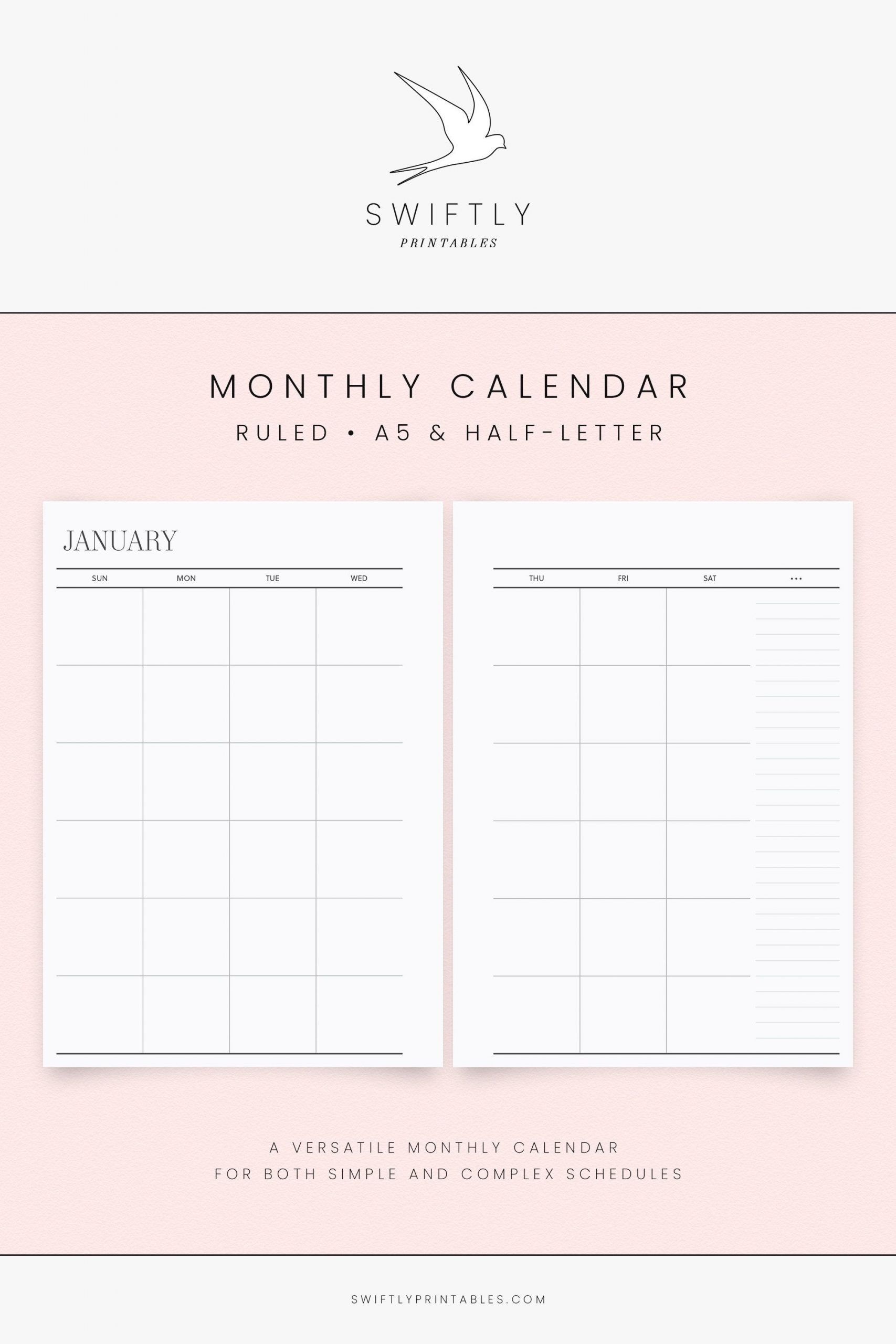 Undated Monthly Calendar Printable Planner Ruled Perpetual