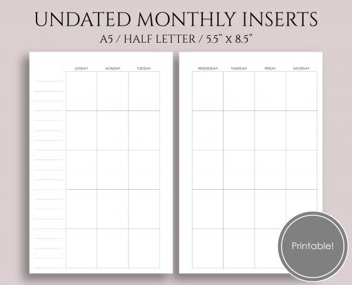 Undated Monthly Calendar, Sunday-Saturday - Pt Paper