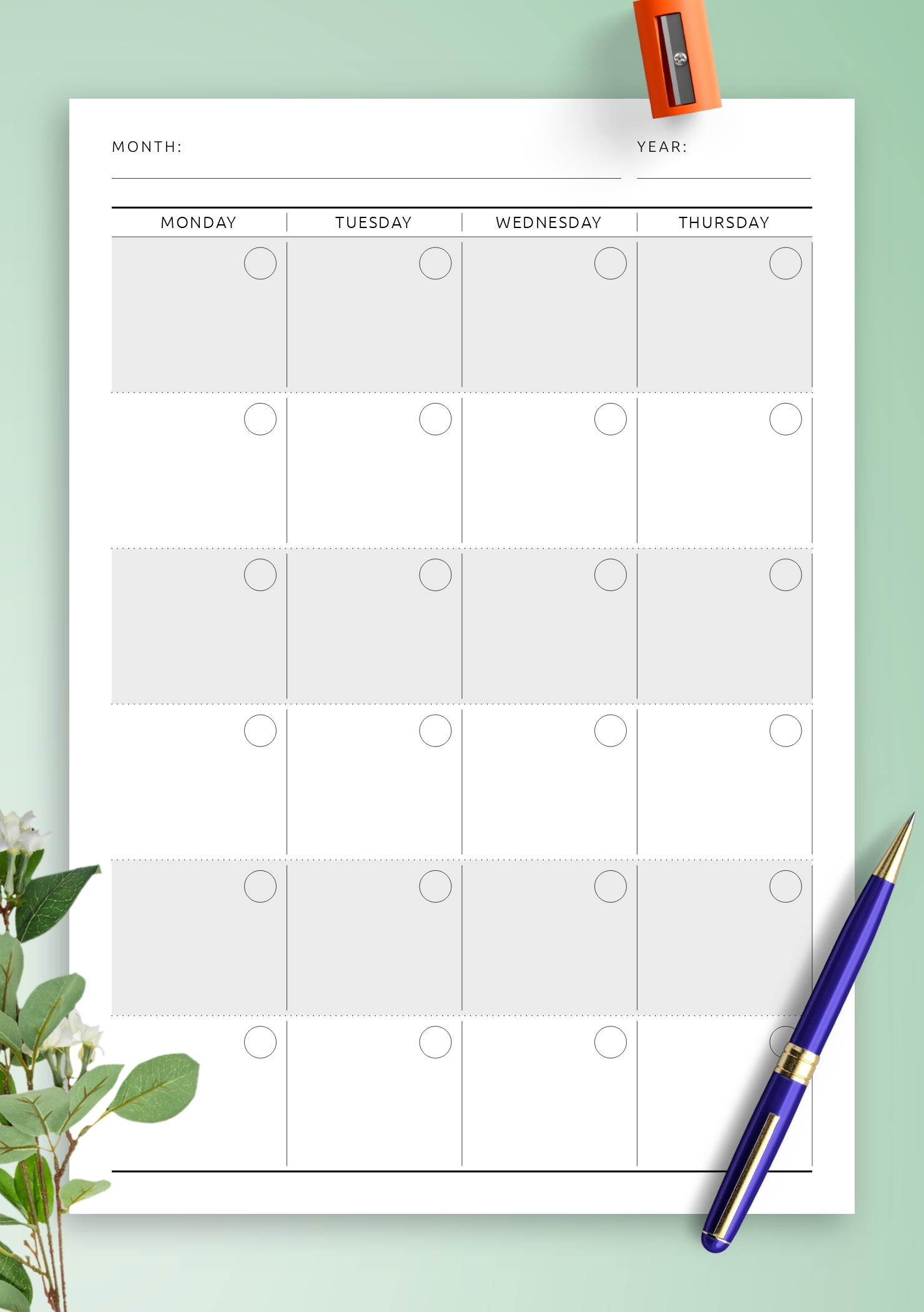 Undated Planner Calendar Template In Business Style. Month