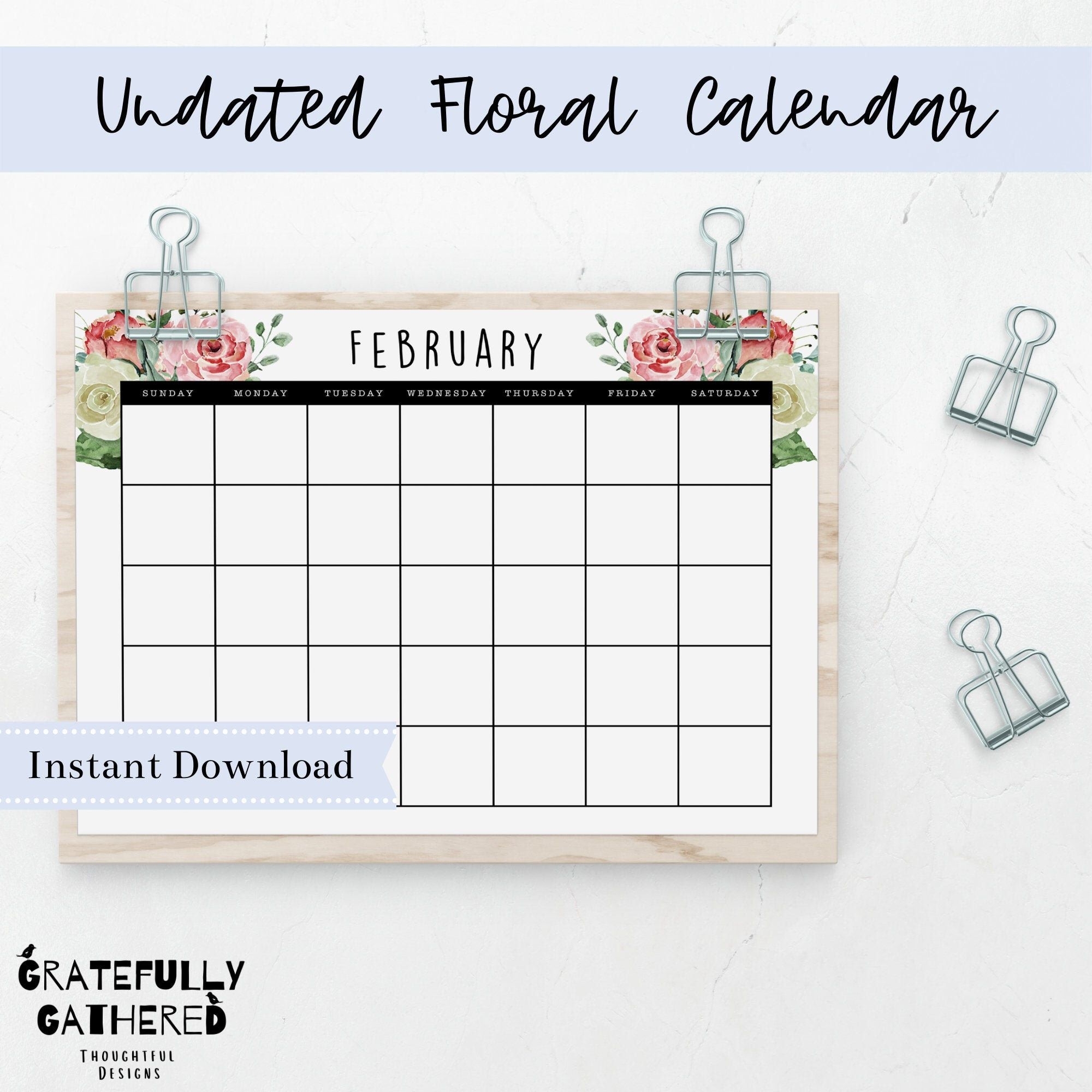 Undated Printable Calendar Floral Watercolor Blank