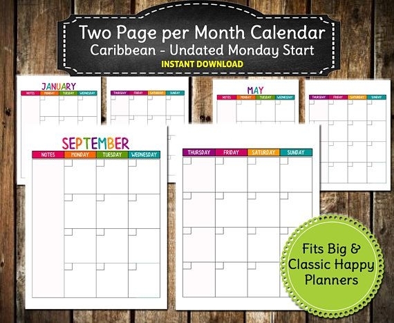 Undated Two Page Monthly Monday Start Calendar Printable