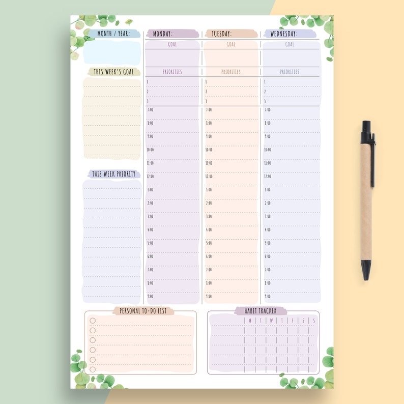 Undated Weekly Vertical Planner Template Hourly Planner