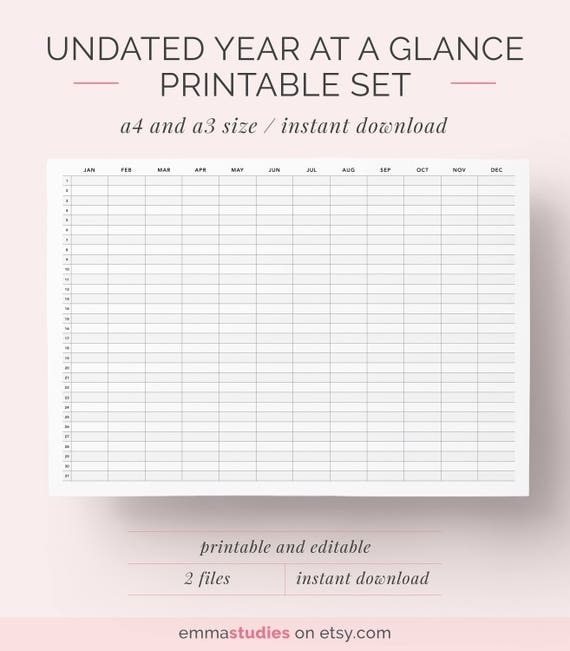 Undated Yearly Overview Calendar Printable A4 And A3