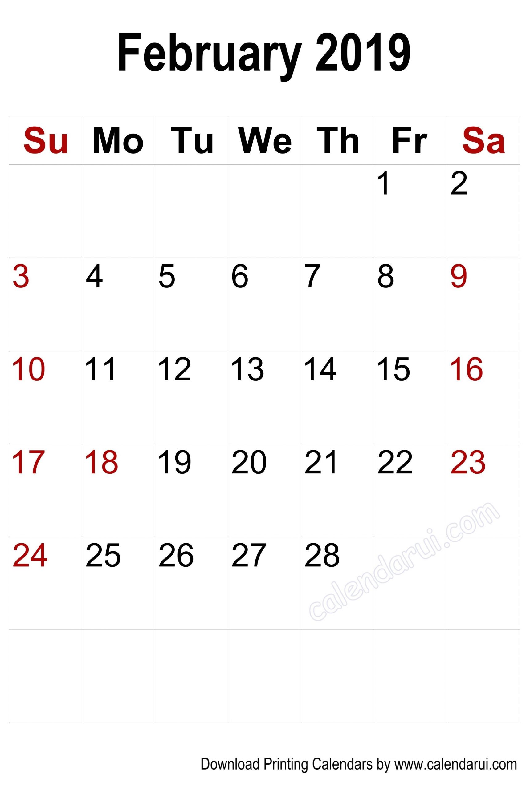 Vertical Blank February 2019 Calendar Printable | Calendar