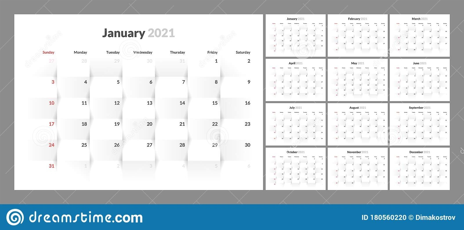 Wall Calendar Template For 2021 Year. Planner Diary In A