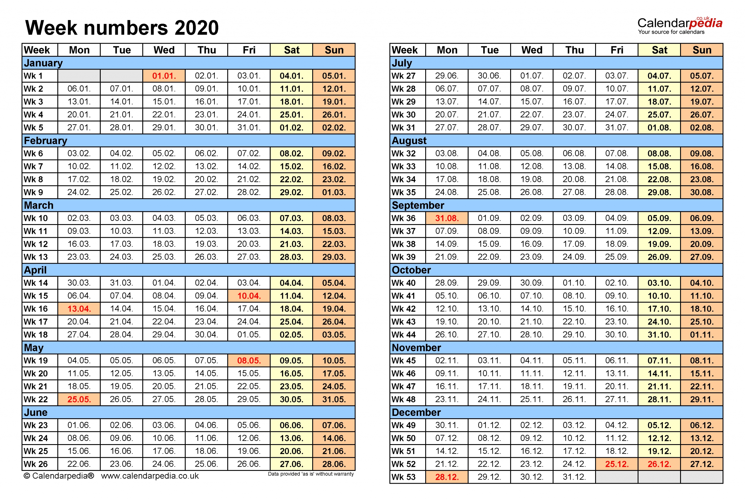 Week Numbers 2020 With Excel, Word And Pdf Templates