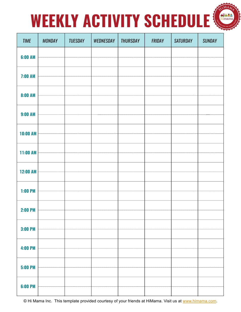 Weekly Activity Schedule Template - Monday To Sunday - Hi
