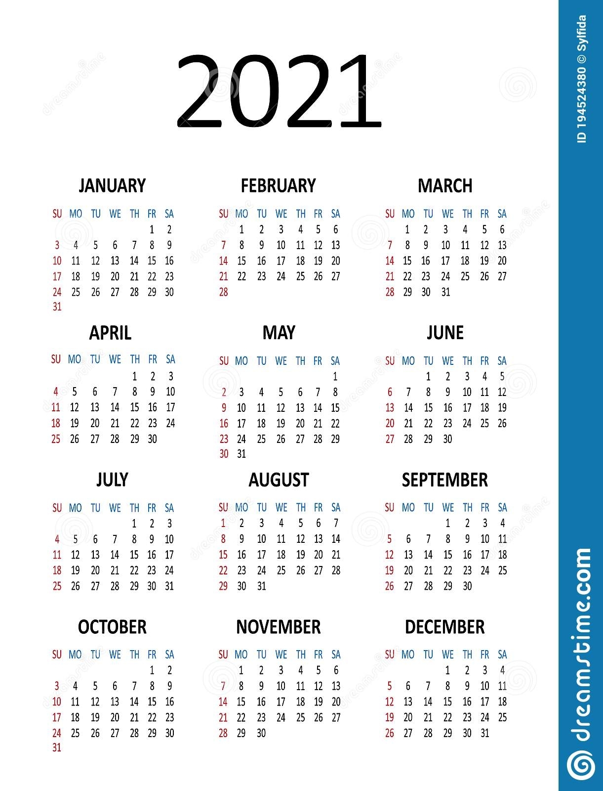 Yearly Calendar 2021. Week Starts From Sunday. Vector