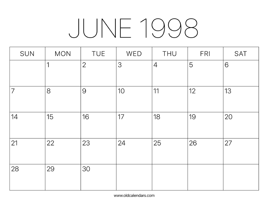 1998 Calendar June - Printable Old Calendars