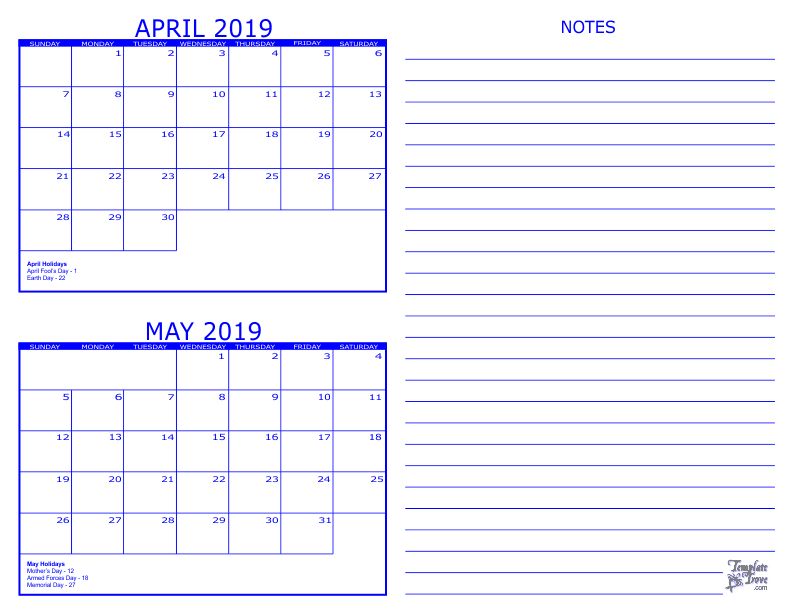 2 Month Calendar - 2019