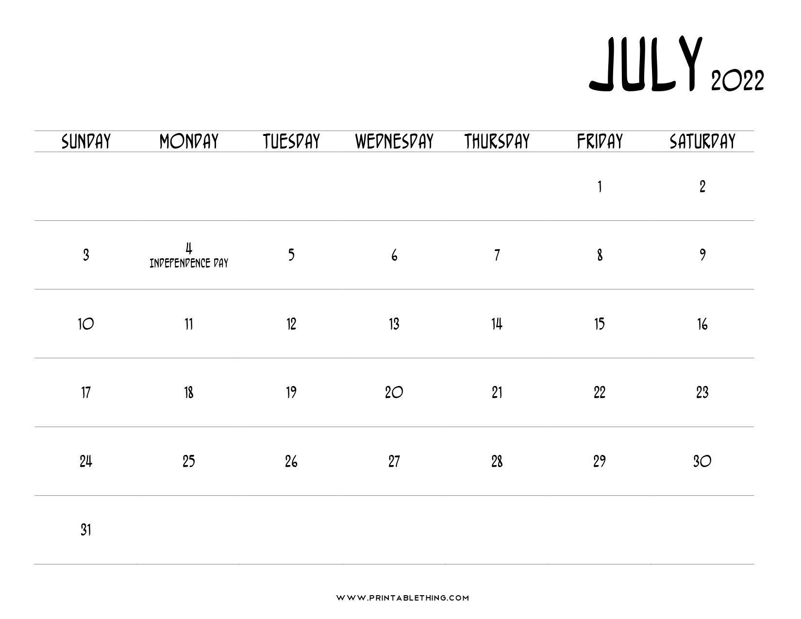 Year Calendar July 2022 Month Calendar Printable