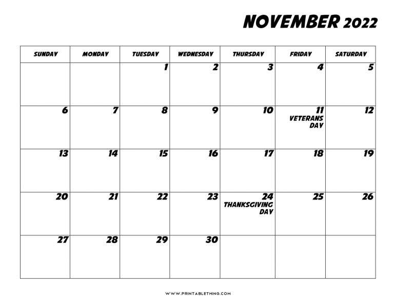 20+ November 2022 Calendar Printable, Us Holidays, Blank