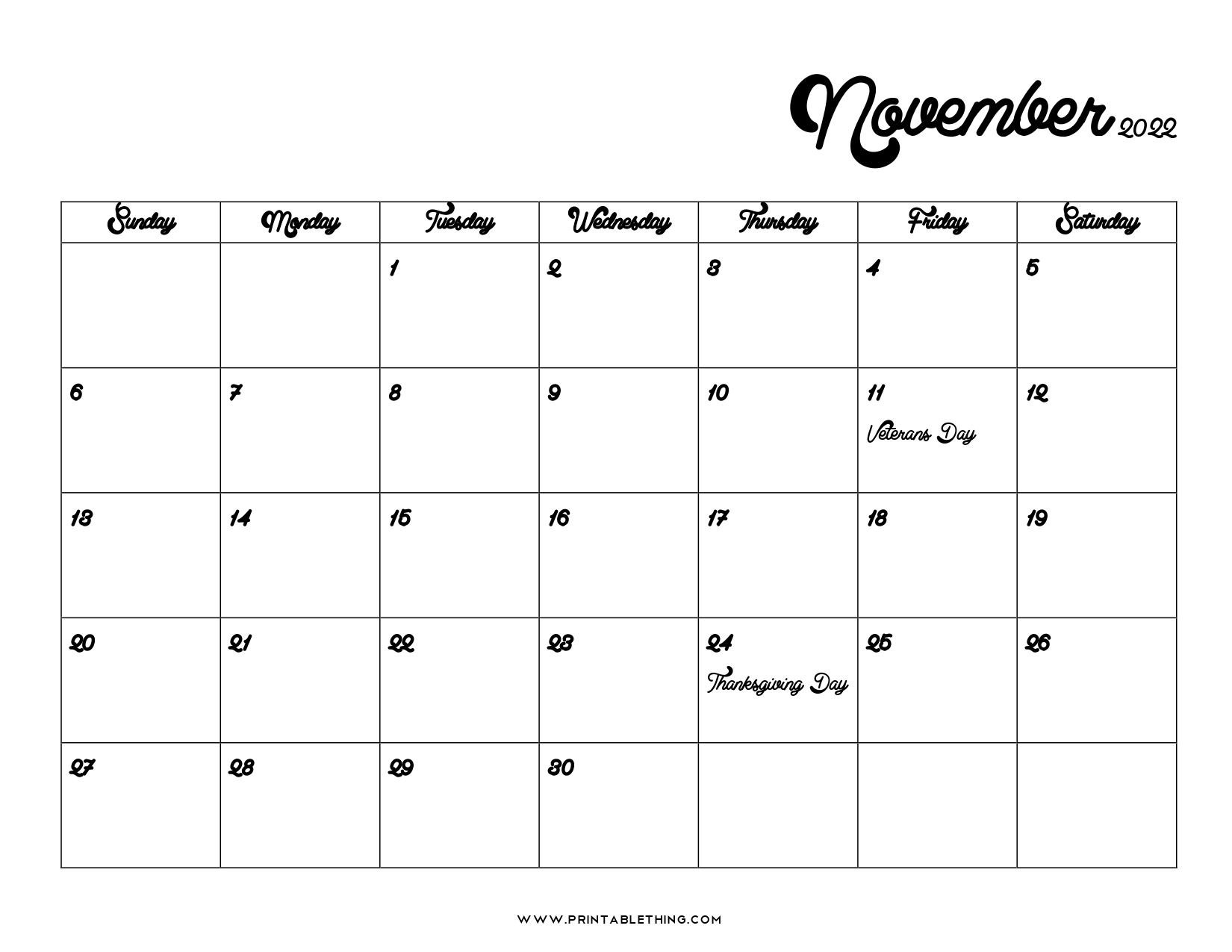 20+ November 2022 Calendar Printable, Us Holidays, Blank