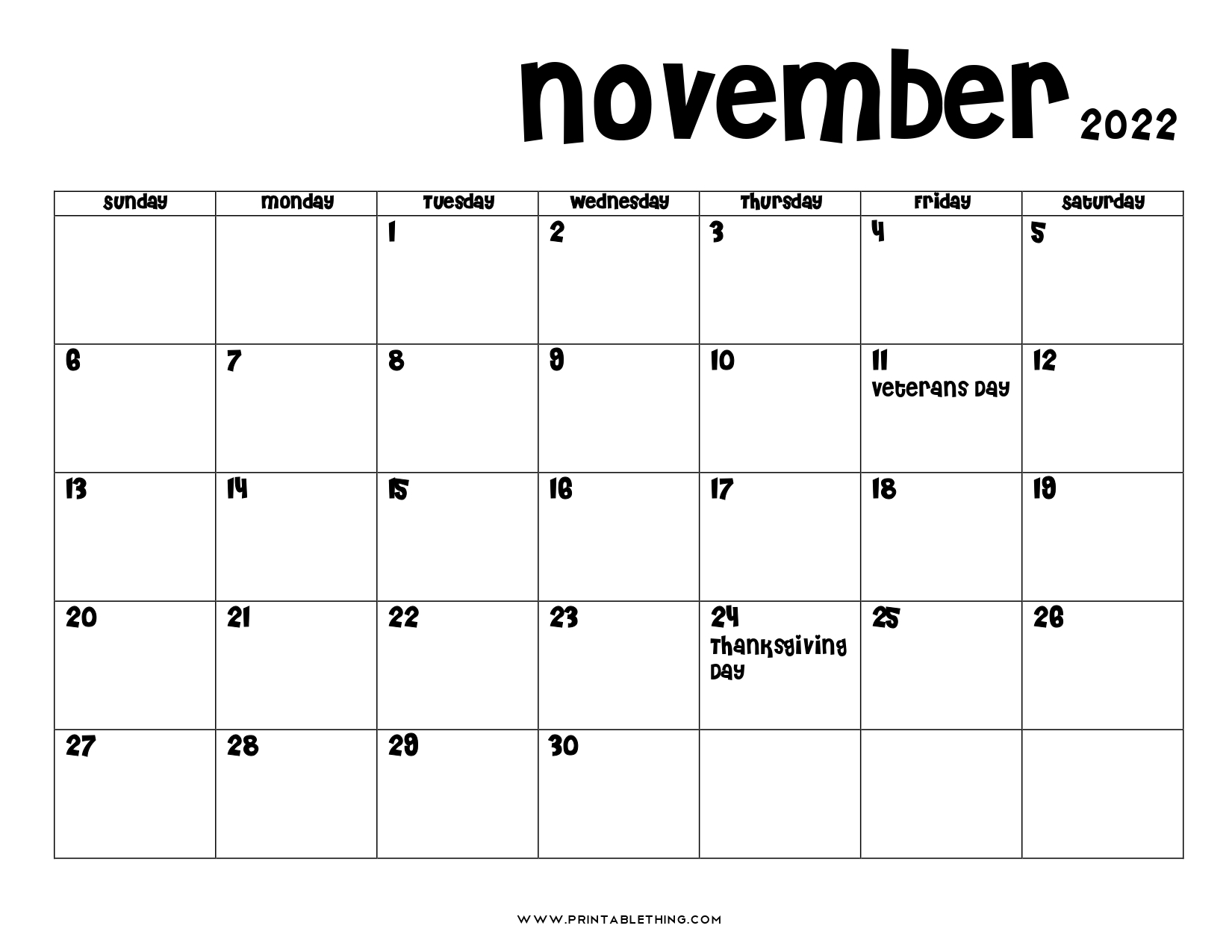 20+ November 2022 Calendar Printable, Us Holidays, Blank