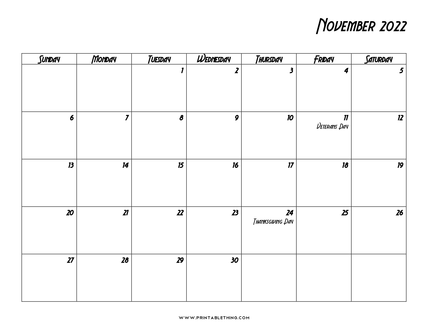 20+ November 2022 Calendar Printable, Us Holidays, Blank
