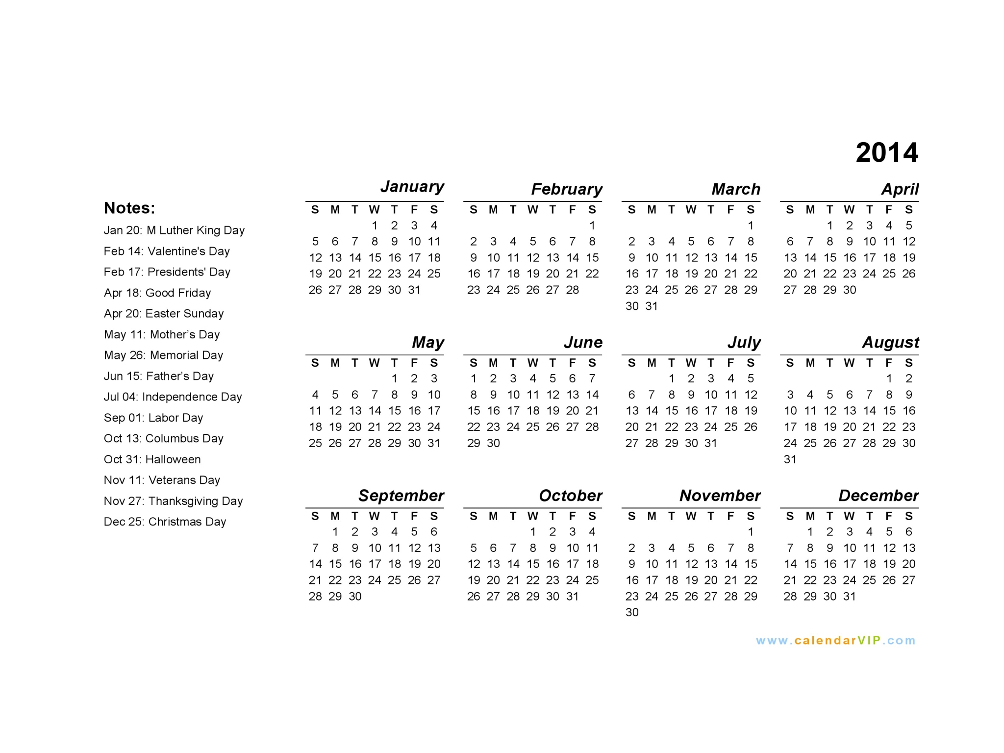 2014 Calendar - Blank Printable Calendar Template In Pdf