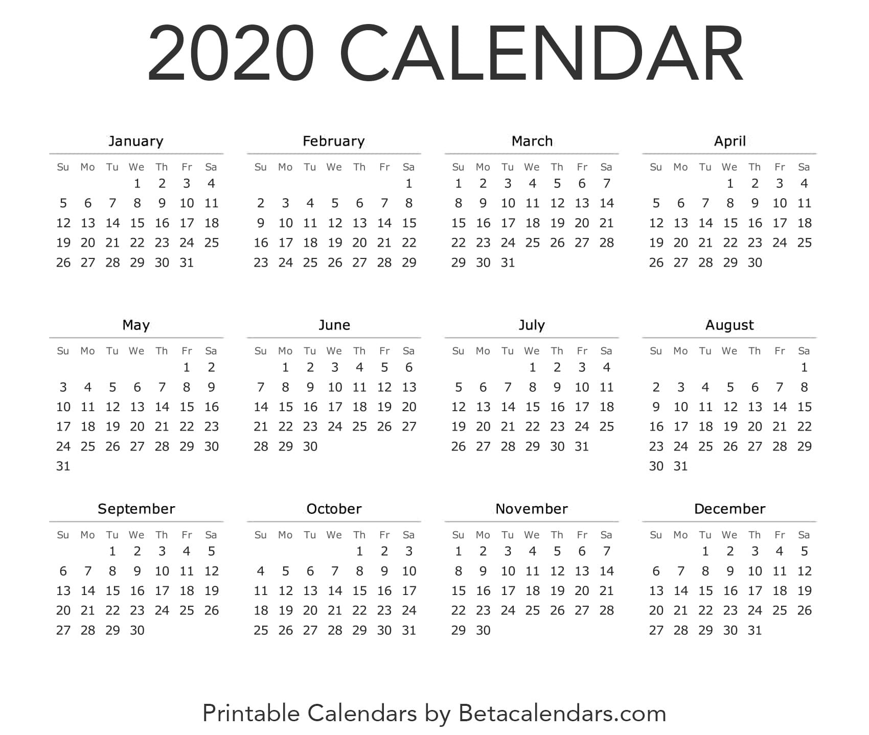 2020 Calendar - Beta Calendars