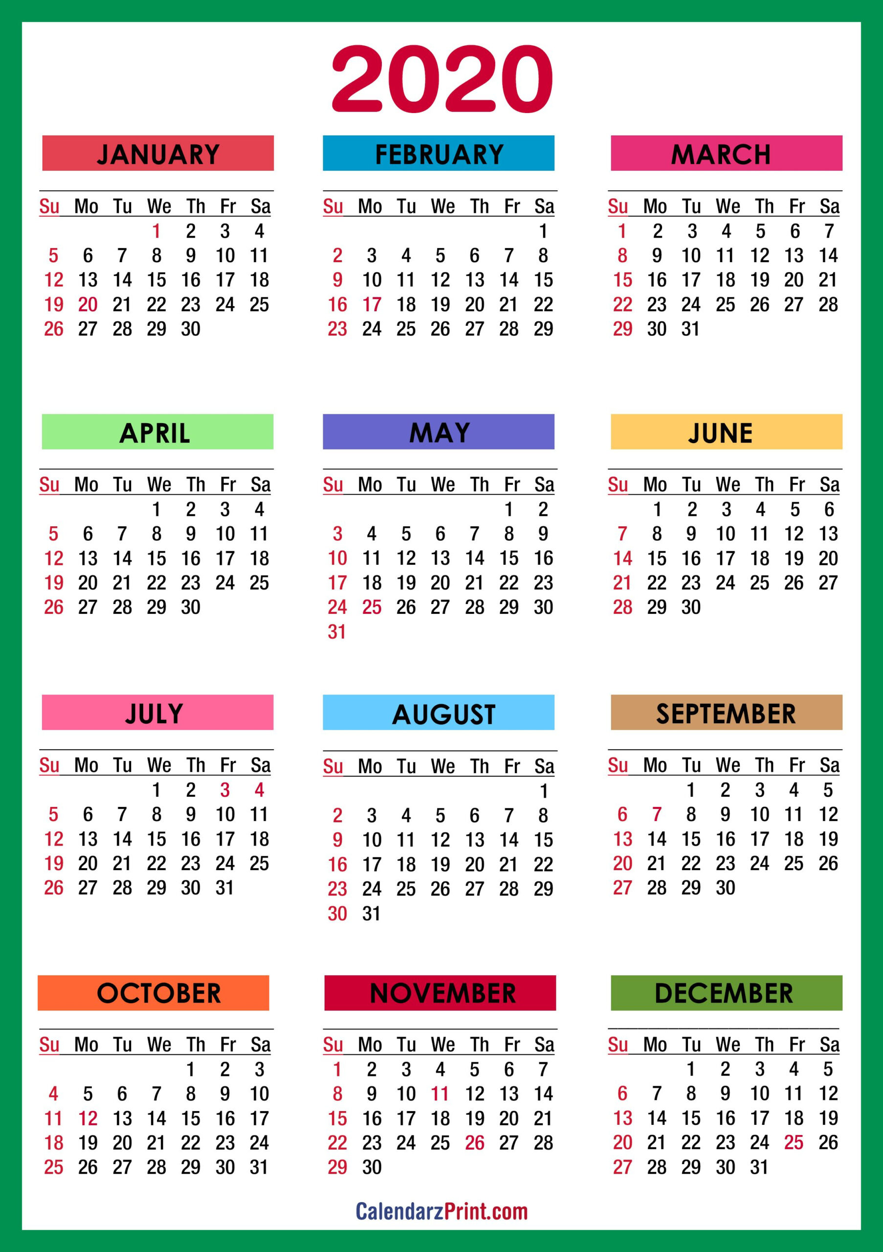 2020 Calendar With Holidays, Printable Free, Colorful