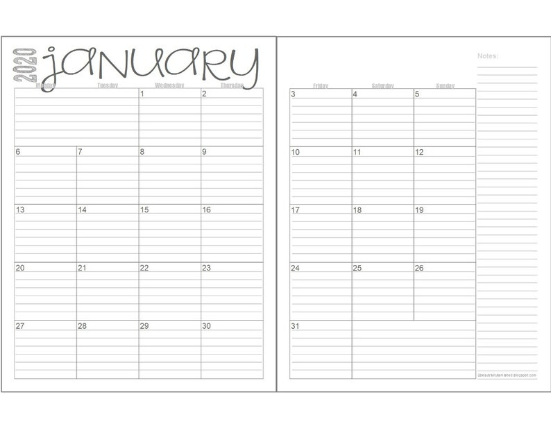 2020 European Monday Start Lined Calendars 2-Page Layout