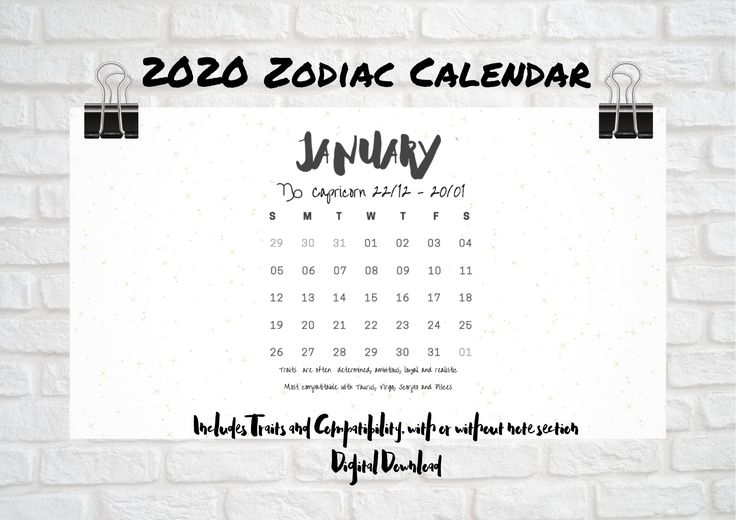2020 Zodiac Calendar Sunday Start Digital Download Pdf