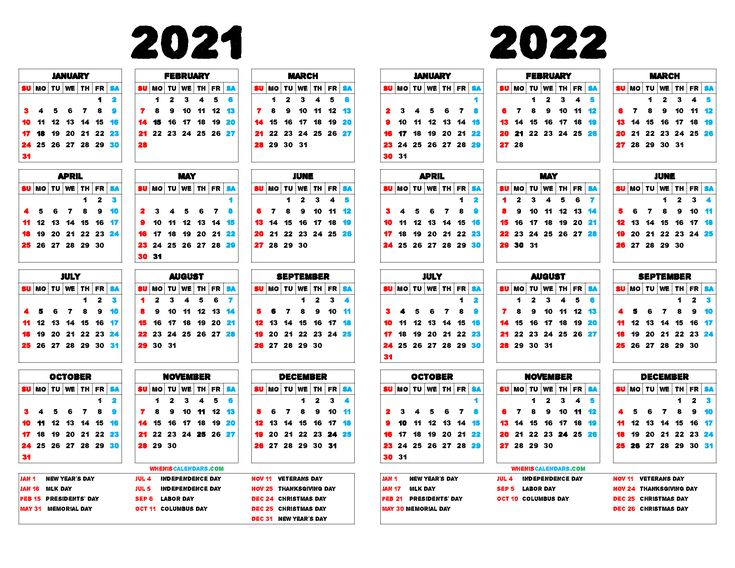 2021 And 2022 Printable Two Year Calendar (12 Templates