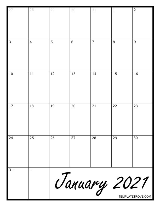 2021 Blank Monthly Calendar