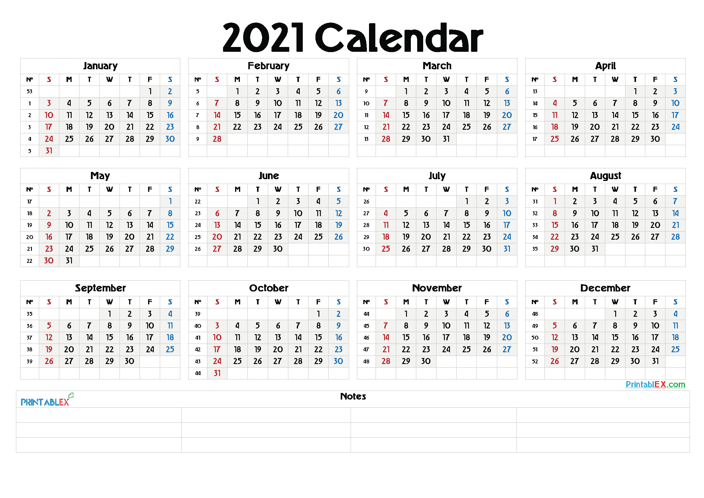 2021 Calendar With Week Number Printable Free / Free