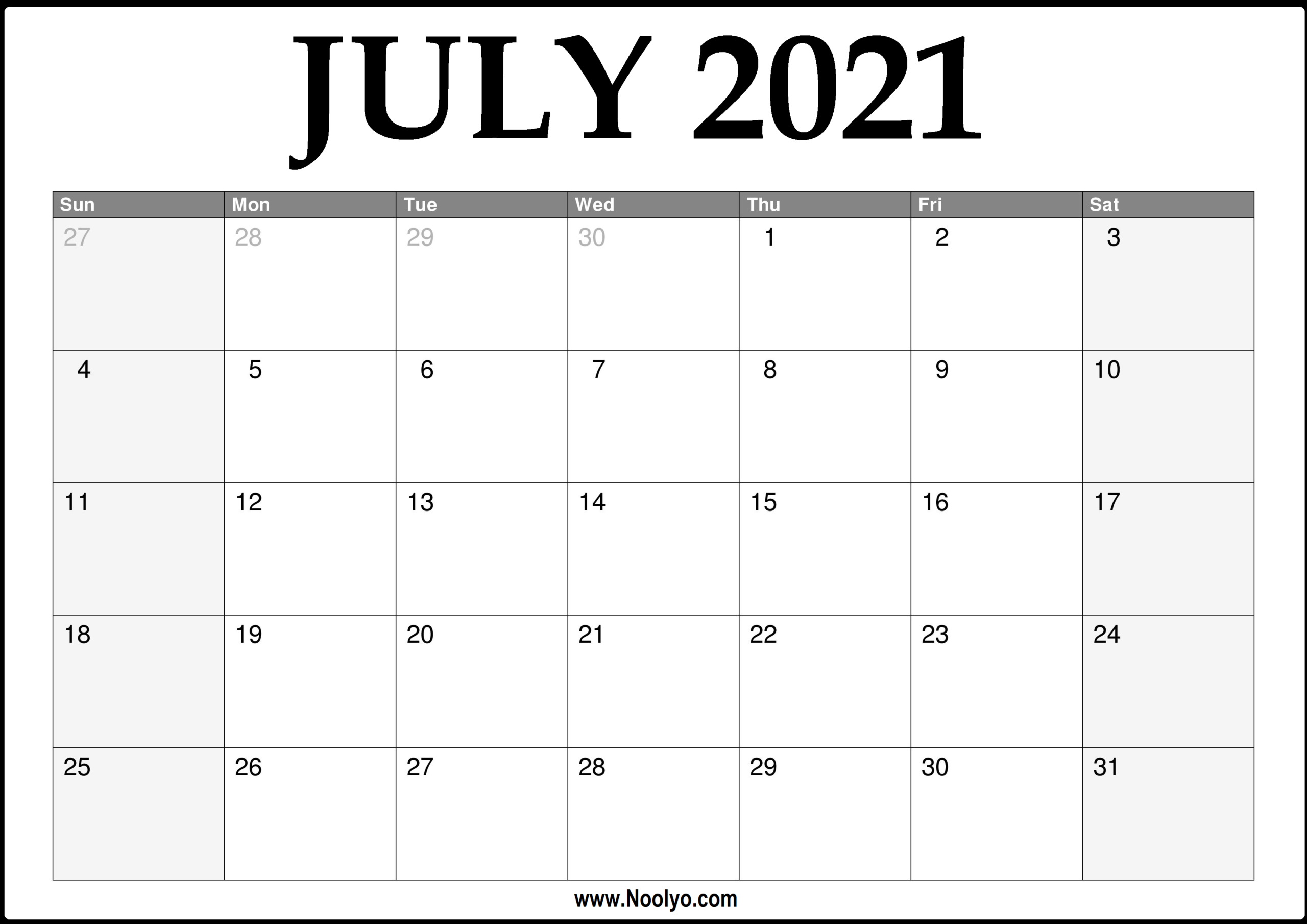 2021 July Calendar Printable - Download Free - Noolyo