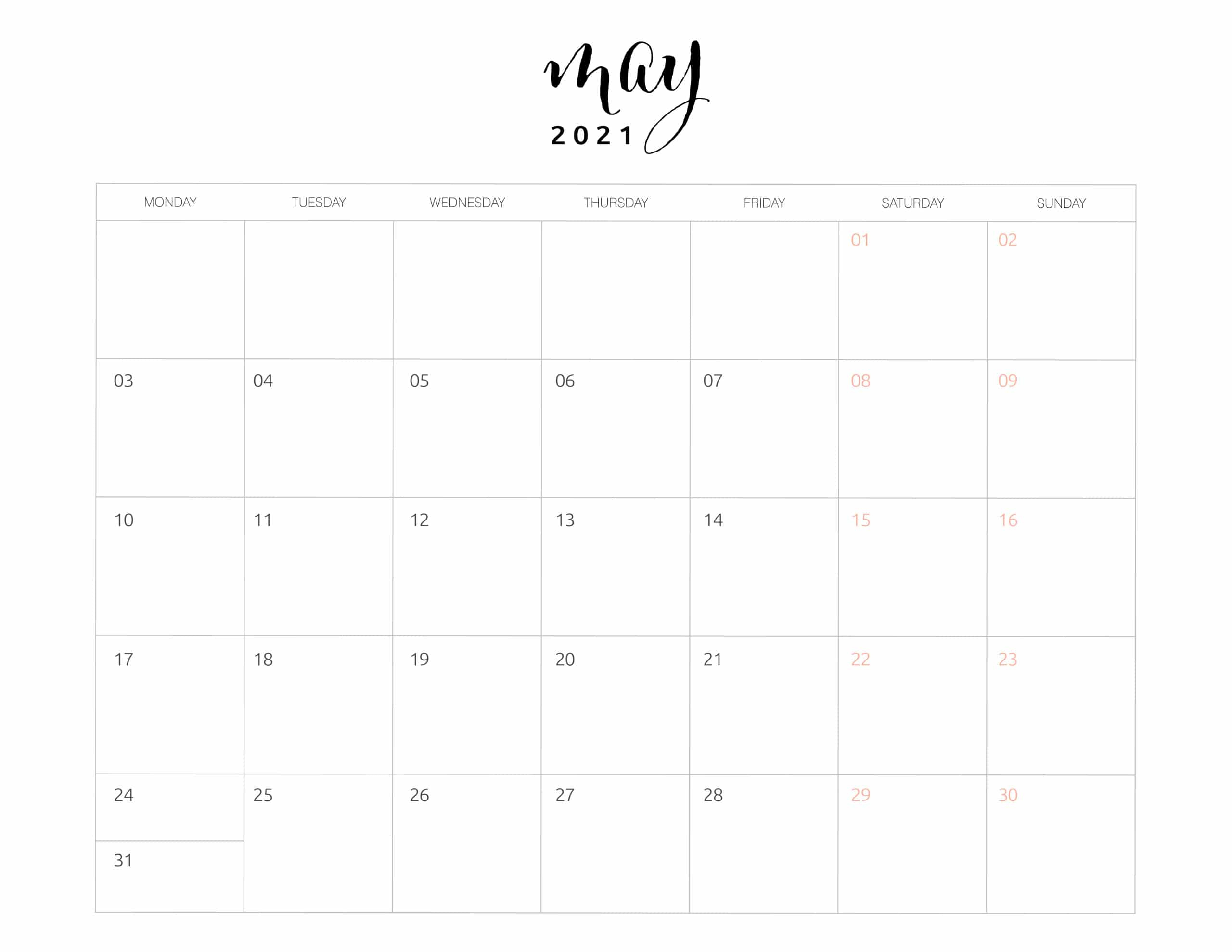 2021 Monthly Calendar Monday Start - World Of Printables