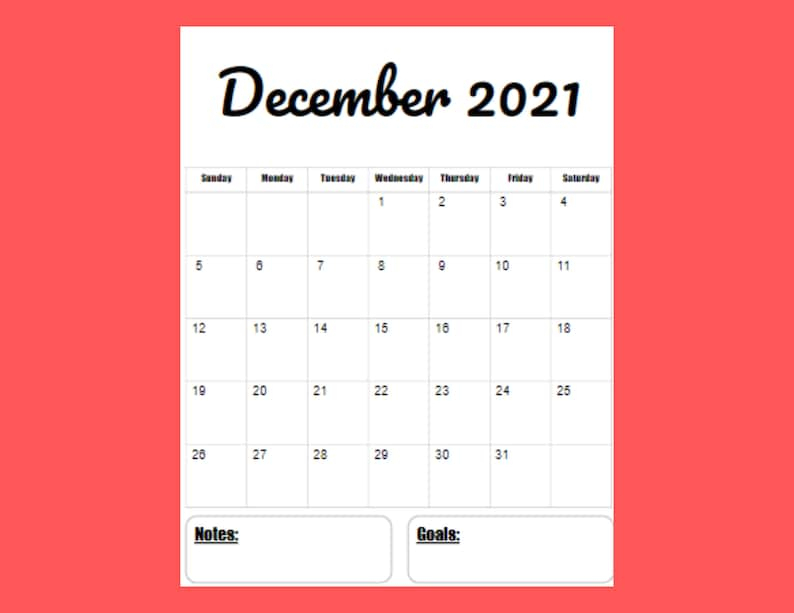 2021 Vertical Calendar Printable Template 12 Month 8.5 X
