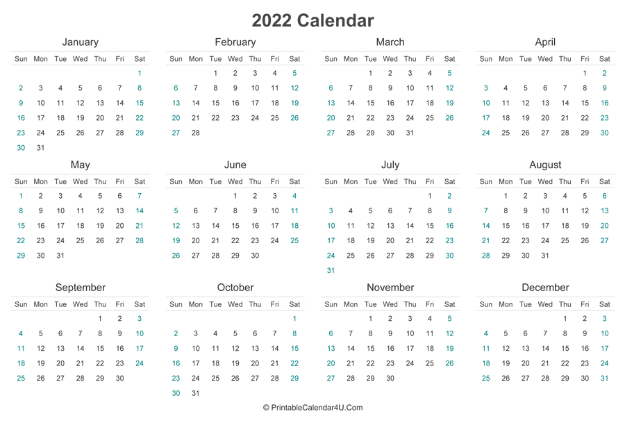 2022 Calendar Printable (Landscape Layout)