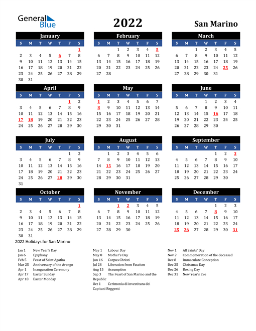 2022 Calendar - San Marino With Holidays