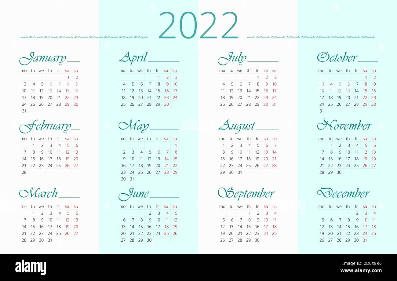 2022 Calendar Template In English. 12 Months. Week Starts